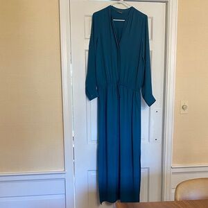 Vince teal blue button front long sleeve maxi dress with a drawstring waist